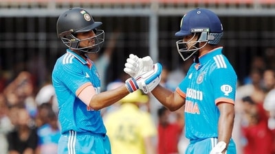 India's Shubman Gill and Shreyas Iyer celebrate their 150-run partnership during the 2nd ODI match against Australia (BCCI Twitter)