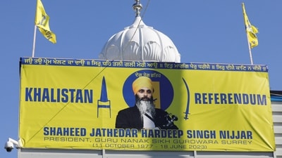 A sign outside the Guru Nanak Sikh Gurdwara temple is seen after the killing on its grounds in June 2023 of Sikh leader Hardeep Singh Nijjar, in Surrey, British Columbia, Canada. (REUTERS)