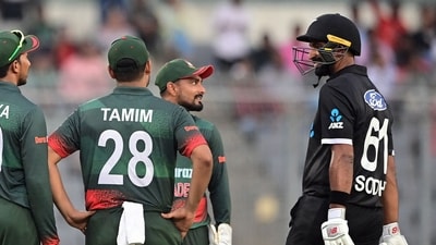 New Zealand's Ish Sodhi (R) speaks with Bangladesh's players during the second one-day international (AFP) New Zealand's Ish Sodhi (R) speaks with Bangladesh's players during the second one-day international (AFP)