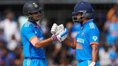 India's Shubman Gill, left, celebrates his fifty runs with India's Shreyas Iyer during the second one day international cricket match between India and Australia in Indore, India, Sunday, Sept. 24, 2023 (AP) India's Shubman Gill, left, celebrates his fifty runs with India's Shreyas Iyer during the second one day international cricket match between India and Australia in Indore, India, Sunday, Sept. 24, 2023 (AP)