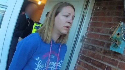 A handout image taken from police bodycam footage released by Cheshire Constabulary police force in Manchester on August 17, 2023, shows the nurse Lucy Letby being arrested at home in Chester on July 3, 2018 (Photo by Cheshire Constabulary / AFP) (AFP) A handout image taken from police bodycam footage released by Cheshire Constabulary police force in Manchester on August 17, 2023, shows the nurse Lucy Letby being arrested at home in Chester on July 3, 2018 (Photo by Cheshire Constabulary / AFP) (AFP)