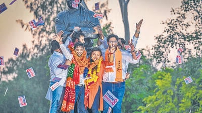 New Delhi, India - Sept. 23, 2023: ABVP candidates Tushar Dedha (President), Aprajiita(Secretary), and Sachin Baisla(Joint Sect) celebrating after winning all the three posts in the Delhi University Students Union (DUSU) elections, at Delhi University north campus in New Delhi, India, on Saturday, September 23, 2023. (Photo by Raj K Raj/ Hindustan Times) (Hindustan Times) New Delhi, India - Sept. 23, 2023: ABVP candidates Tushar Dedha (President), Aprajiita(Secretary), and Sachin Baisla(Joint Sect) celebrating after winning all the three posts in the Delhi University Students Union (DUSU) elections, at Delhi University north campus in New Delhi, India, on Saturday, September 23, 2023. (Photo by Raj K Raj/ Hindustan Times) (Hindustan Times)