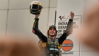 Mooney VR46 Racing Team (Ducati) team Italian rider Marco Bezzecchi celebrates after winning the MotoGP race, at the Grand Prix of India (PTI) Mooney VR46 Racing Team (Ducati) team Italian rider Marco Bezzecchi celebrates after winning the MotoGP race, at the Grand Prix of India (PTI)