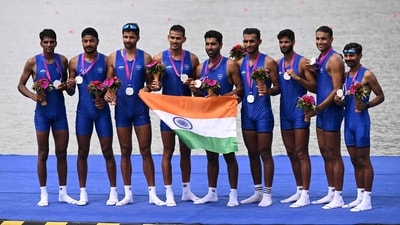 Silver medallists Team India's Neeraj, Naresh Kalwaniya, Neetish Kumar, Charanjeet Singh, Jaswinder Singh, Bheem Singh, Punit Kumar, Ashish and Dhananjay Uttam Pande pose for a photo during the medal ceremony after the men's eight final event of rowing during the the Hangzhou 2022 Asian Games in Hangzhou (AFP) Silver medallists Team India's Neeraj, Naresh Kalwaniya, Neetish Kumar, Charanjeet Singh, Jaswinder Singh, Bheem Singh, Punit Kumar, Ashish and Dhananjay Uttam Pande pose for a photo during the medal ceremony after the men's eight final event of rowing during the the Hangzhou 2022 Asian Games in Hangzhou (AFP)