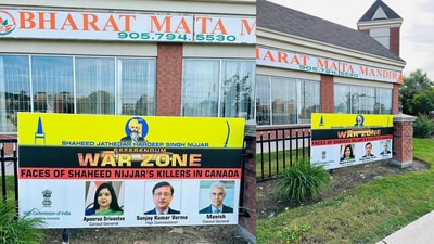 Anti-India posters put up by Khalistanis outside Brampton temple in Canada. Anti-India posters put up by Khalistanis outside Brampton temple in Canada.