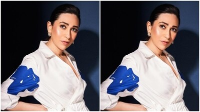 Karisma picked the white shirt dress with collars and blue floral patterns, featuring a knot detail at the waist. (Instagram/@therealkarismakapoor) Karisma picked the white shirt dress with collars and blue floral patterns, featuring a knot detail at the waist. (Instagram/@therealkarismakapoor)