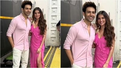 Tara Sutaria and Kartik Aaryan twin in stylish pink outfits, leaving fans in awe (HT Photo/VarinderChawla) Tara Sutaria and Kartik Aaryan twin in stylish pink outfits, leaving fans in awe (HT Photo/VarinderChawla)