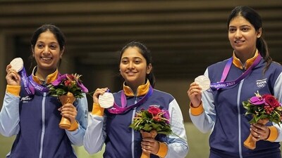 (Left to right): India's Ramita, Mehuli Ghosh and Ashi Chouksey won silver medal in the women's 10m air rifle team event. (AP) (Left to right): India's Ramita, Mehuli Ghosh and Ashi Chouksey won silver medal in the women's 10m air rifle team event. (AP)