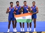 Bronze medallists India's Jaswinder Singh, Bheem Singh, Punit Kumar and Ashish pose during the medal ceremony for the men's four final event of rowing during the 2022 Asian Games 