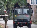 Security forces on their way to the encounter site in Garol, Kokernag, in Anantnag district of Jammu and Kashmir. 