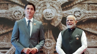 Indian Prime Minister Narendra Modi, right, shakes hand with Canada's Prime Minister Justin Trudeau upon his arrival at Bharat Mandapam convention centre for the G20 Summit  in New Delhi, India, September 9, 2023.  (HT Photo)