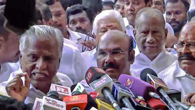 AIADMK leader KP Munuswamy speaks to reporters at the party headquarters in Chennai on Monday. (ANI) AIADMK leader KP Munuswamy speaks to reporters at the party headquarters in Chennai on Monday. (ANI)