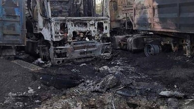 Russia-Ukraine War: Burnt trucks are seen in Odesa, Ukraine. (AP) Russia-Ukraine War: Burnt trucks are seen in Odesa, Ukraine. (AP)