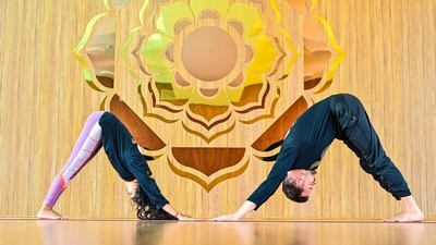4. Adomukhi Svanasana: Begin in Cat Pose, where the palms are beneath the shoulders and the knees are below the hips. Push hips up, straightening the knees and elbows, and form an A' shape. • Try to push your heels all the way to the floor.&nbsp; (Photo by Himalayan Siddhaa Akshar)