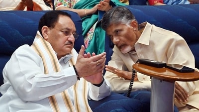 BJP national president JP Nadda interacts with former Andhra Pradesh chief minister N. Chandrababu Naidu (ANI)