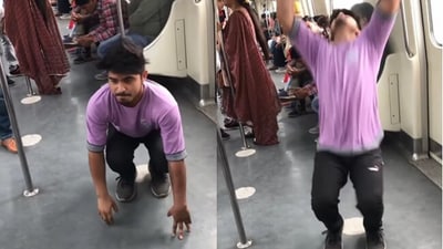 Man tries to attempt a backflip in the metro. (Instagram/@chaman_flipper ) Man tries to attempt a backflip in the metro. (Instagram/@chaman_flipper )
