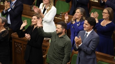 Ukrainian President Volodymyr Zelenskyy and Prime Minister Justin Trudeau recognize Yaroslav Hunka, who was in attendance in the House of Commons in Ottawa, Ontario, on Friday, Sept. 22, 2023. (AP)
