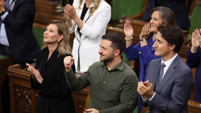 Ukrainian President Volodymyr Zelenskyy and Canada's Prime Minister Justin Trudeau recognize Yaroslav Hunka, who was in attendance in the House of Commons on Parliament Hill in Ottawa on Friday, Sept. 22, 2023. (AP) Ukrainian President Volodymyr Zelenskyy and Canada's Prime Minister Justin Trudeau recognize Yaroslav Hunka, who was in attendance in the House of Commons on Parliament Hill in Ottawa on Friday, Sept. 22, 2023. (AP)