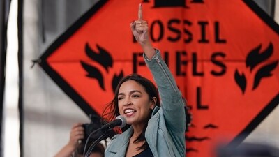 Congresswoman Alexandria Ocasio-Cortez (D-N.Y) speaks at a rally to end the use of fossil fuels, in New York, Sept. 17. (AP)