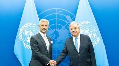 External affairs minister S Jaishankar met UN Secretary General Antonio Guterres on the sidelines of the UN General Assembly high-level week in New York on Monday (Twitter) External affairs minister S Jaishankar met UN Secretary General Antonio Guterres on the sidelines of the UN General Assembly high-level week in New York on Monday (Twitter)