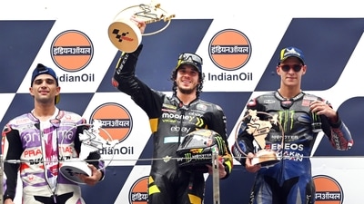 Italian rider Marco Bezzecchi (72) (C), Spanish rider Jorge Martín (89) (L) and French rider Fabio Quartararo (20) (R) celebrate after winning the Moto GP race (Hindustan Times) Italian rider Marco Bezzecchi (72) (C), Spanish rider Jorge Martín (89) (L) and French rider Fabio Quartararo (20) (R) celebrate after winning the Moto GP race (Hindustan Times)