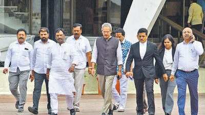 Mumbai, India – Sept 25, 2023: Shivsena (UBT) faction, Leader of Opposition in Maharashtra Legislative Council Ambadas Danve, MP Anil Desai, along with other leaders came out of the Vidhan Bhavan going on a hearing in front of the chairman of the Maharashtra Assembly Mr. Rahul Narvekar on a disqualification issue, in Mumbai, India, on Monday, Sept 25, 2023. (Photo by Bhushan Koyande/HT Photo) Mumbai, India – Sept 25, 2023: Shivsena (UBT) faction, Leader of Opposition in Maharashtra Legislative Council Ambadas Danve, MP Anil Desai, along with other leaders came out of the Vidhan Bhavan going on a hearing in front of the chairman of the Maharashtra Assembly Mr. Rahul Narvekar on a disqualification issue, in Mumbai, India, on Monday, Sept 25, 2023. (Photo by Bhushan Koyande/HT Photo)