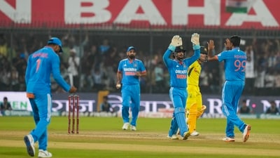 India's Ravichandran Ashwin with teammates celebrates a wicket during the second ODI cricket match between India and Australia (PTI)