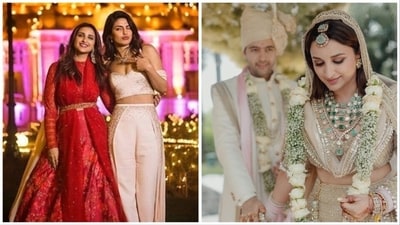 Priyanka Chopra' with Parineeti Chopra at her 2018 wedding celebration in Jodhpur (left); Parineeti Chopra and Raghav Chadha at their wedding in Udaipur on Sunday. Priyanka Chopra' with Parineeti Chopra at her 2018 wedding celebration in Jodhpur (left); Parineeti Chopra and Raghav Chadha at their wedding in Udaipur on Sunday.