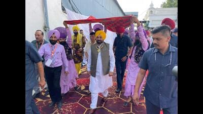 Punjab chief minister Bhagwant Mann at Amritsar international airport on Monday. (HT photo) Punjab chief minister Bhagwant Mann at Amritsar international airport on Monday. (HT photo)