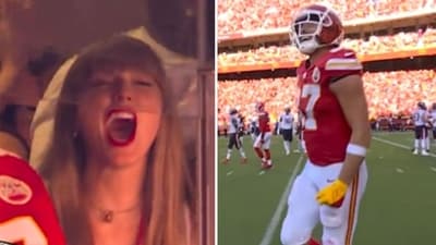 Travis Kelce’s rumoured girlfriend Taylor Swift appeared to be the most excited member of the audience as the athlete got on board for his first touchdown (@NFL screenshots/X) Travis Kelce’s rumoured girlfriend Taylor Swift appeared to be the most excited member of the audience as the athlete got on board for his first touchdown (@NFL screenshots/X)