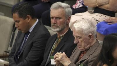 Yaroslav Hunka (right), waits for the arrival of Ukrainian President Volodymyr Zelensky in the House of Commons in Ottawa, Onatario on Friday, Sept. 22, 2023. (AP)