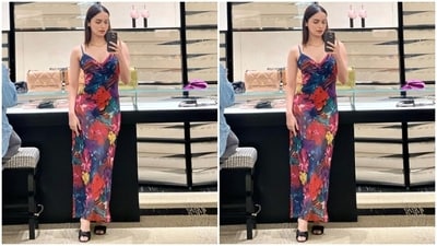 Manushi played muse to fashion designer house The Bae Club and picked a floral gown for her day out in London. (Instagram/@manushi_chhillar) Manushi played muse to fashion designer house The Bae Club and picked a floral gown for her day out in London. (Instagram/@manushi_chhillar)