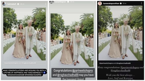 Katrina Kaif, Sonam Kapoor and Kareena Kapoor wish Parineeti Chopra and Raghav Chadha. Katrina Kaif, Sonam Kapoor and Kareena Kapoor wish Parineeti Chopra and Raghav Chadha.