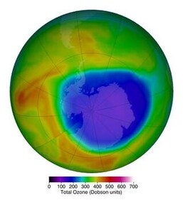 Purple and blue represent areas of low ozone concentrations in the atmosphere; yellow and red are areas of higher concentrations. Carbon tetrachloride (CCl4), which was once used in applications such as dry cleaning and as a fire-extinguishing agent, was regulated in 1987 under the Montreal Protocol along with other chlorofluorocarbons that destroy ozone and contribute to the ozone hole over Antarctica. (NASA's Goddard Space Flight Center ) Purple and blue represent areas of low ozone concentrations in the atmosphere; yellow and red are areas of higher concentrations. Carbon tetrachloride (CCl4), which was once used in applications such as dry cleaning and as a fire-extinguishing agent, was regulated in 1987 under the Montreal Protocol along with other chlorofluorocarbons that destroy ozone and contribute to the ozone hole over Antarctica. (NASA's Goddard Space Flight Center )