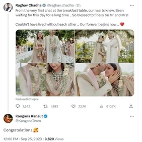 Kangana Ranaut reacted to Raghav Chadha's tweet. Kangana Ranaut reacted to Raghav Chadha's tweet.