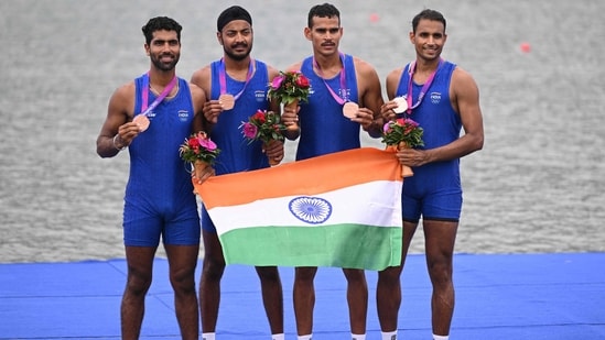 Bronze medallists Jaswinder Singh, Bheem Singh, Punit Kumar and Ashish pose during the medal ceremony for the men's four final event of rowing during the 2022 Asian Games in Hangzhou in China(AFP)