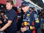 Red Bull's Max Verstappen is seen with teammates after winning the constructors championship