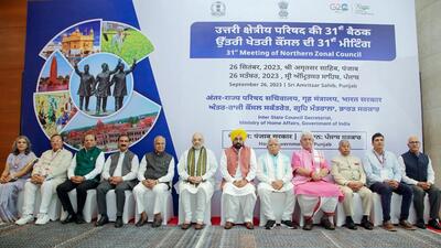 Amritsar, Sep 26 (ANI): Union Minister for Home Affairs and Cooperation, Amit Shah in a group photograph during the 31st Meeting of the Northern Zonal Council in Amritsar on Tuesday. (ANI Photo) (PIB) Amritsar, Sep 26 (ANI): Union Minister for Home Affairs and Cooperation, Amit Shah in a group photograph during the 31st Meeting of the Northern Zonal Council in Amritsar on Tuesday. (ANI Photo) (PIB)