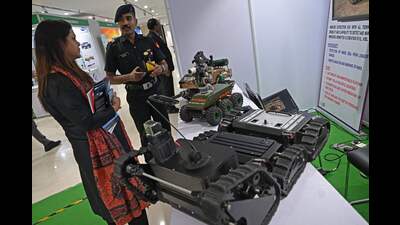 An Indian army soldier briefs a visitor about a robotic mine detection equipment displayed at the 13th Indo-Pacific Armies Chiefs’ Conference (IPACC) in New Delhi on September 26, 2023. (AFP) An Indian army soldier briefs a visitor about a robotic mine detection equipment displayed at the 13th Indo-Pacific Armies Chiefs’ Conference (IPACC) in New Delhi on September 26, 2023. (AFP)