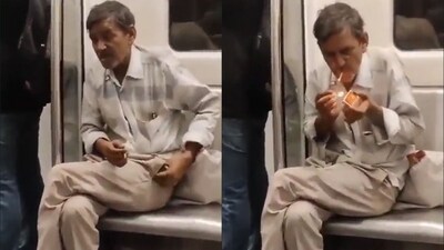 Elderly man smoking beedi inside Delhi Metro. (X/@joinmanishpande)