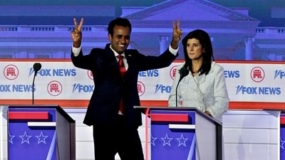 Vivek Ramaswamy, chairman and co-founder of Strive Asset Management and 2024 Republican presidential candidate, left, and Nikki Haley, former ambassador to the United Nations and 2024 Republican presidential candidate, (Bloomberg) Vivek Ramaswamy, chairman and co-founder of Strive Asset Management and 2024 Republican presidential candidate, left, and Nikki Haley, former ambassador to the United Nations and 2024 Republican presidential candidate, (Bloomberg)
