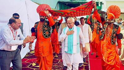 Haryana chief minister Manohar Lal Khattar being welcomed upon his arrival at the airport ahead of the 31st Meeting of the Northern Zonal Council in Amritsar on Tuesday. (PTI) Haryana chief minister Manohar Lal Khattar being welcomed upon his arrival at the airport ahead of the 31st Meeting of the Northern Zonal Council in Amritsar on Tuesday. (PTI)