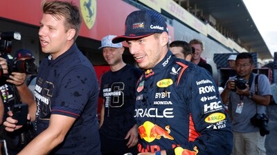 Red Bull's Max Verstappen is seen with teammates after winning the constructors championship (REUTERS)