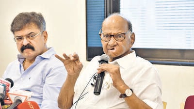 Mumbai, India – Sept 26, 2023: National President of Nationalist Congress Party Sharad Pawar addressing media at the Y B Chavan Center, in Mumbai, India, on Tuesday, Sept 26, 2023. (Photo by Bhushan Koyande/HT Photo) Mumbai, India – Sept 26, 2023: National President of Nationalist Congress Party Sharad Pawar addressing media at the Y B Chavan Center, in Mumbai, India, on Tuesday, Sept 26, 2023. (Photo by Bhushan Koyande/HT Photo)