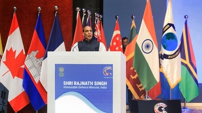 Union Defence Minister Rajnath Singh addresses the 13th Indo-Pacific Armies Chiefs' Conference (IPACC) (PTI)