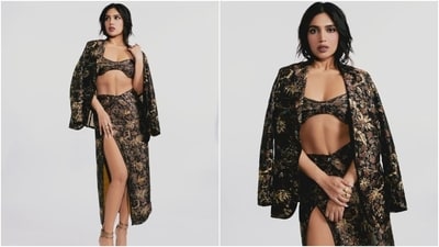 Bhumi Pednekar earlier chose a black bralette, skirt and blazer set for Haanji promotions. (Instagram) Bhumi Pednekar earlier chose a black bralette, skirt and blazer set for Haanji promotions. (Instagram)