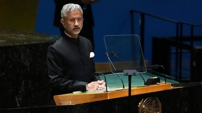 S Jaishankar addresses the 78th session of the United Nations General Assembly, Tuesday, Sept. 26, 2023. (AP)