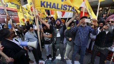 Pro-Khalistani supporters protesting outside the Indian high commission Pro-Khalistani supporters protesting outside the Indian high commission