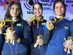 Esha Singh, Rhythm Sangwan, and Manu Bhaker (FILE)