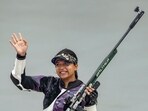 Indian shooter Sift Kaur Samra reacts after winning the gold in the women's 50m rifle 3 positions event at the 19th Asian Games